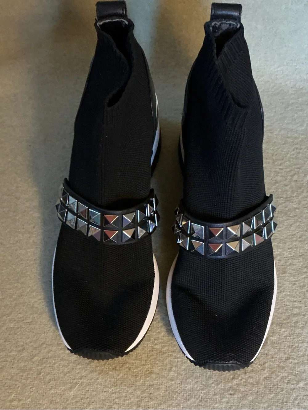 Michael Kors Black Knit Slip-On Sneakers with Silver Pyramid Stud Strap